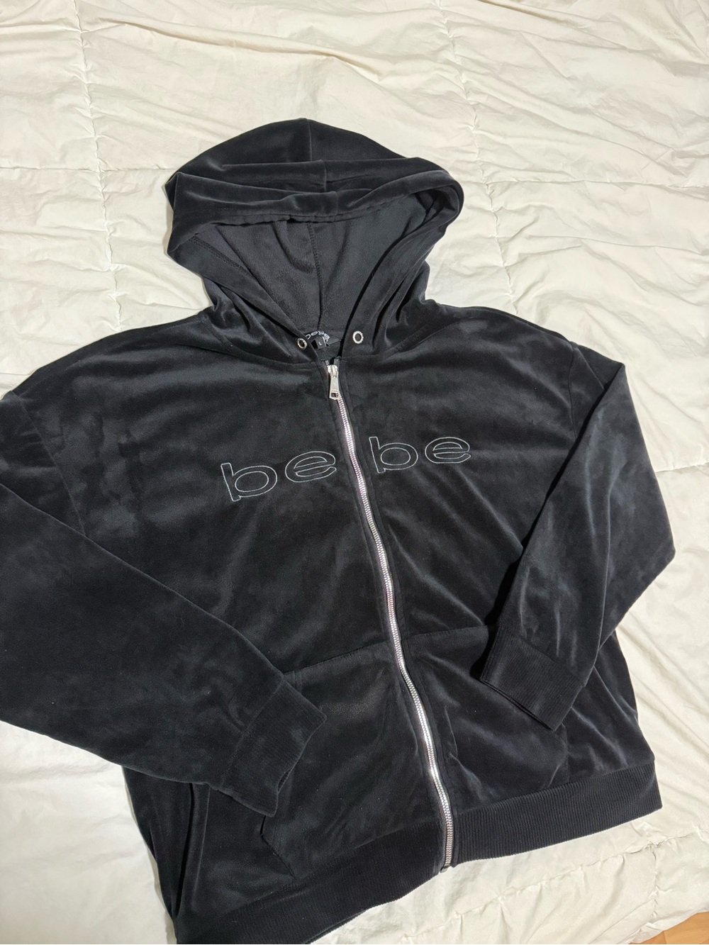 bebe womenโs Black Velour Zip-Up Hoodie Jacket